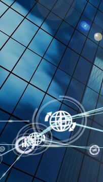 Vertical video: Cam pulling back showing glass tower while nodes, globe, lines pulsing as tech demo