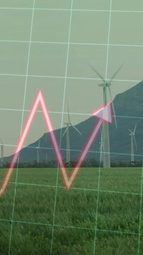 Vertical video: Neon arrow rising from horizon and moving to turbine, showing power over green grid