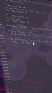 Vertical video: Terminal sliding in from right revealing code lines over molecule model for review