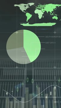 Vertical video: OPEN or CLOSE toggling, HUD animating percents, pies, bars, map for tech monitoring