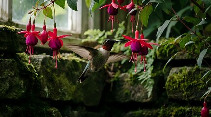 Obraz premium Tiny hummingbird hovering near vibrant pink fuchsia flowers in lush garden setting with moss-covered stones and soft natural lighting.