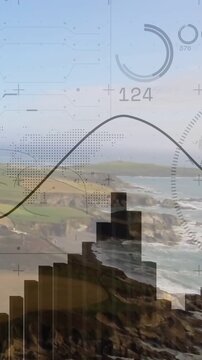 Vertical video: HUD fading in, coastline visualizing data with curve sweeping and histogram rising