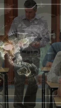 Vertical video: Proctor holding tests walking aisle, handing exam papers, globe spinning over torso