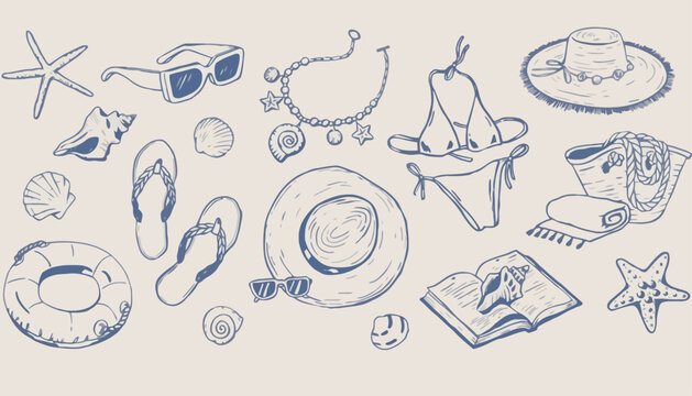 A summer vacation scene with various beach items and accessories laid out
