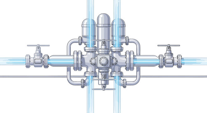 Industrial piping system with valves and tubes.
