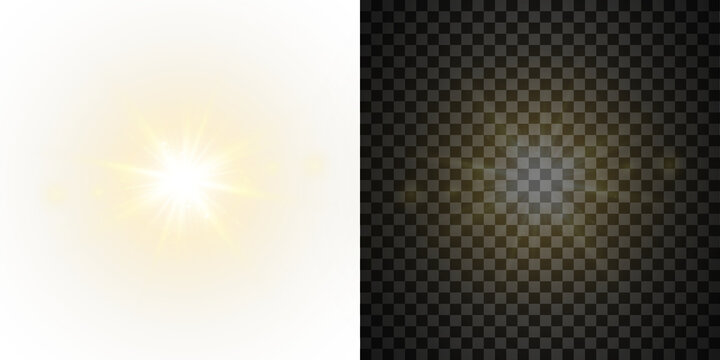 Vector transparent sunlight with sun glare. Overlay, Sun rays and glare, Sun, sunrays, light transitions, lens flare, light leaks and glare in PNG format. PNG sunlight flare. Golden flash and glare.