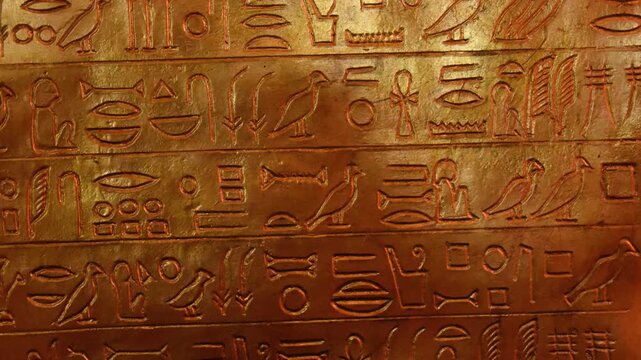 Amazing Hieroglyphs Carving on Golden Wall of Tomb Macro View of Antique Symbols Engraved on Plate