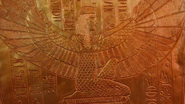 Isis Wall Carving on Golden Wall Tomb Macro Goddess Spread Wings Ancient Egypt