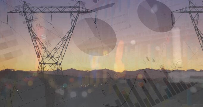 Animation of graphs and financial data over electricity pole at sunset