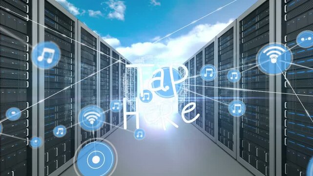 Animation of tap here text, network of connections with icons over computer servers