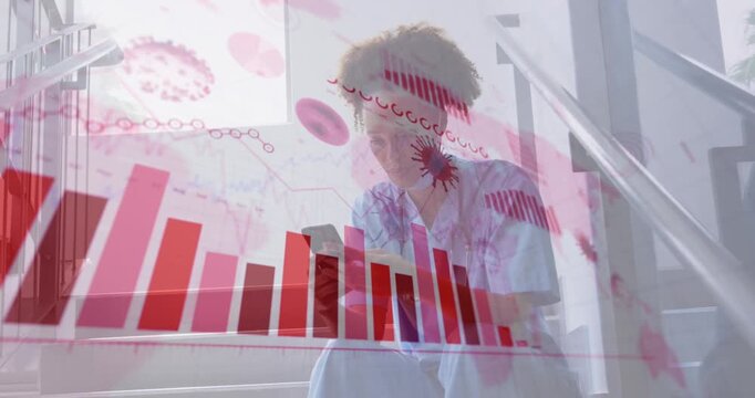 Animation of financial data and virus cells over african american doctor using smartphone