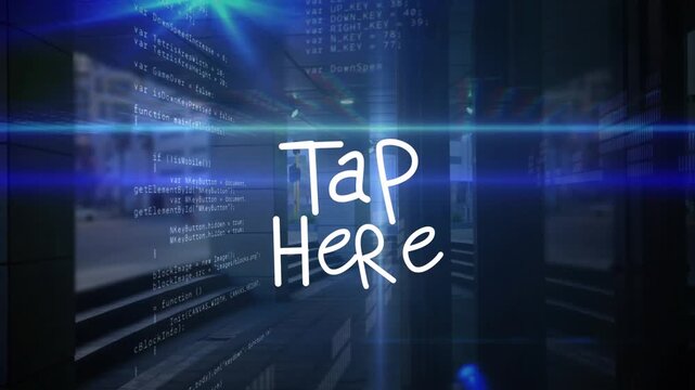 Animation of tap here over data processing on navy background