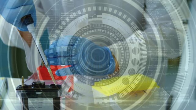 Animation of scope scanning and data processing over caucasian scientist in lab