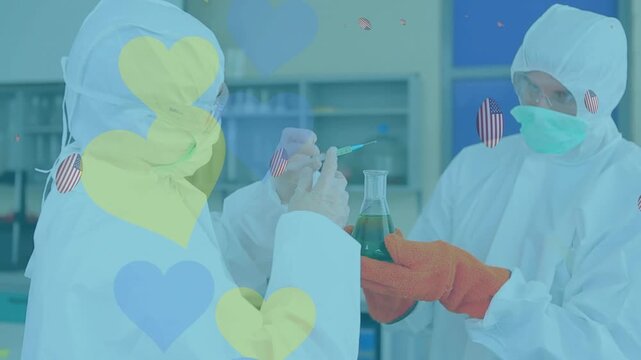 Animation of heart icons over caucasian scientists with vaccine