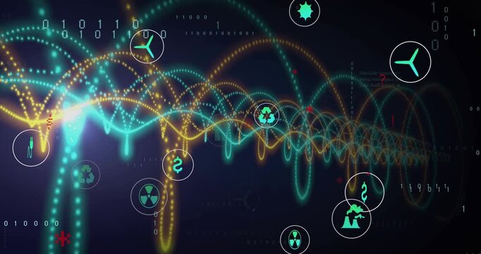 Animation of computer icons with colorful spiral patterns and programming data