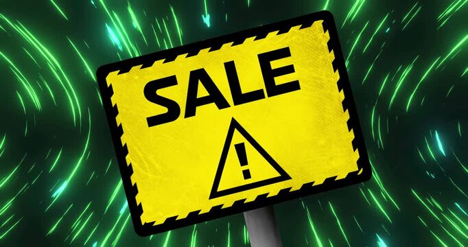 Animation of sale on sign over black background with green lights moving fast
