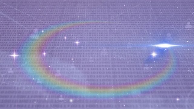 Animation of prismatic ring with lights with network of people icons over grey grid
