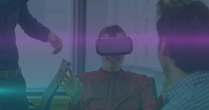 Animation of social media icons over african american man wearing vr headset