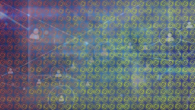 Animation of network of profile icons over abstract pattern design against blue background