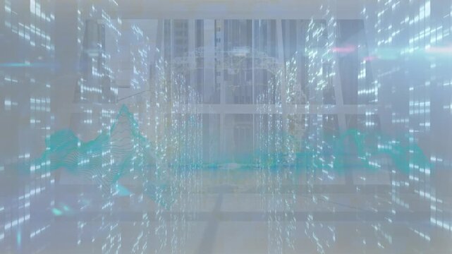 Animation of multiple screens with mosaic squares and human brain spinning against empty office