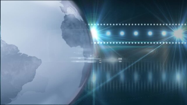 Animation of spinning globe and light spots against blue background