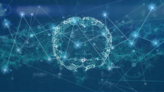 Animation of network of connections and data processing over spinning human brain on blue background