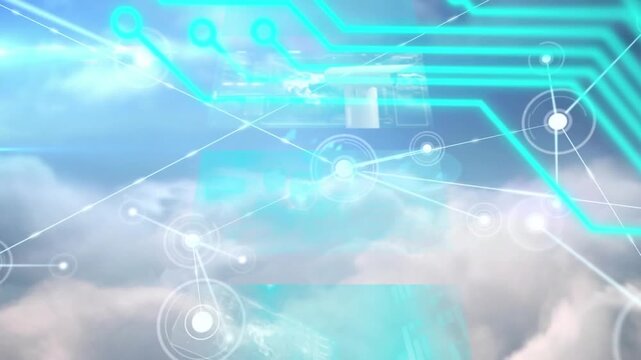 Animation of computer circuit board with network of connections and data processing over sky