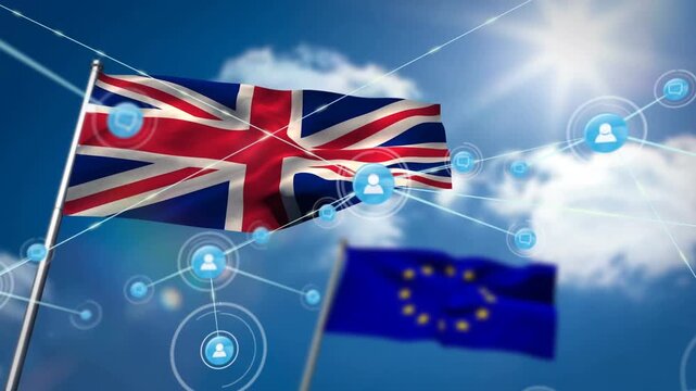 Composition of network of connections with icons over flag of european union and sky