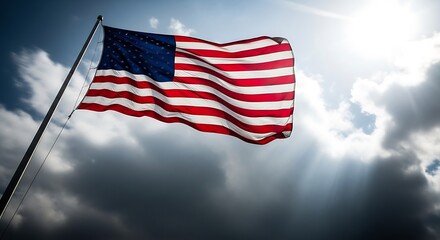 Obraz premium American flag waving, United States flag, red white blue, cloudy sky background