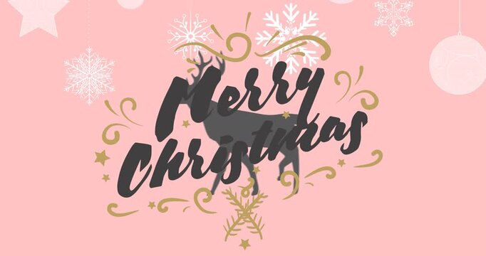 Animation of christmas greetings text over christmas decorations and reindeer
