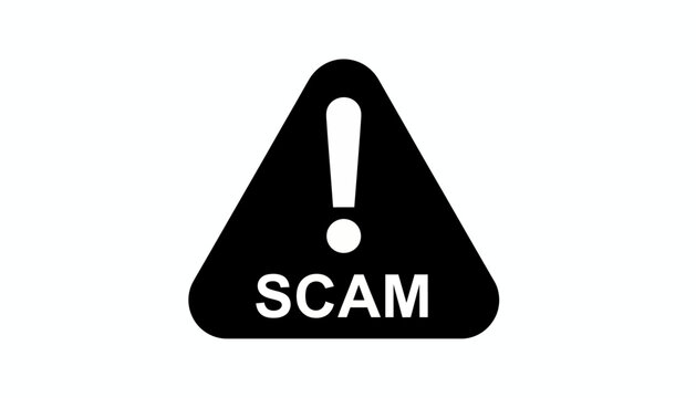 A warning sign displays a scam alert with an exclamation mark
