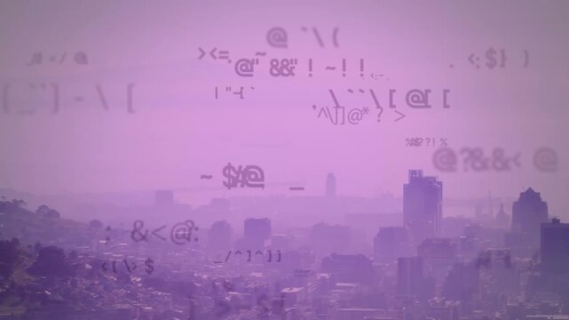 Animation of multiple changing symbols against aerial view of cityscape