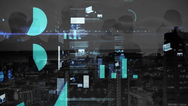 Animation of graphs, circles and shadow of people over night cityscape in background