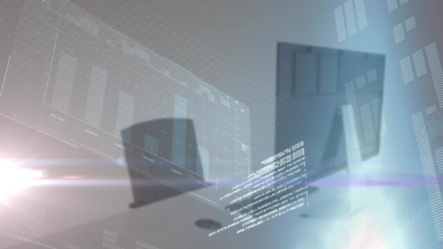 Animation of interface with data processing and light spot against office desk