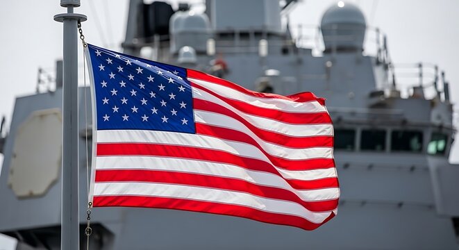 American flag waving on naval ship deck under clear sky