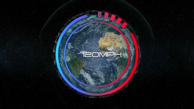 Animation of speedometer against network of connections over a globe on black background