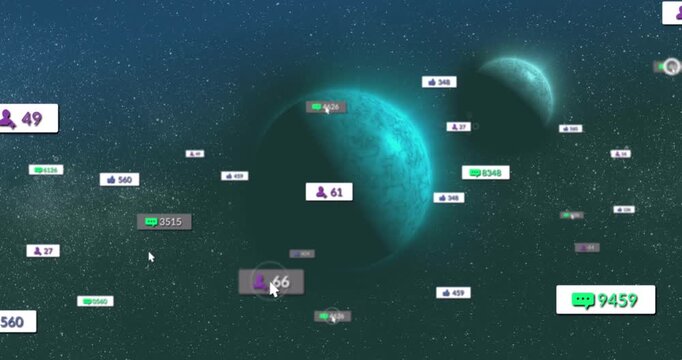 Animation of social media icons against spinning planets in space