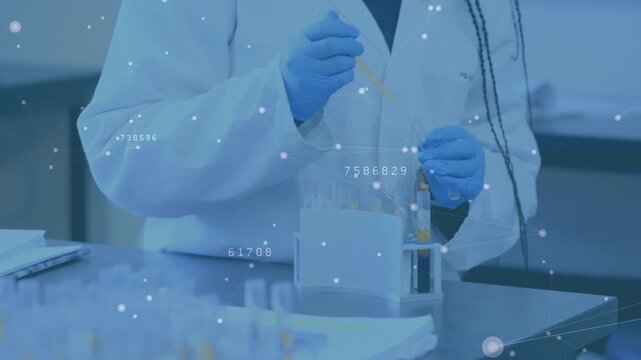 Animation of connected dots, numbers, african american female scientist collecting sample