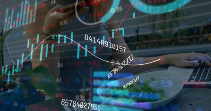 Animation of stock market data processing over caucasian woman taking a picture of her lunch