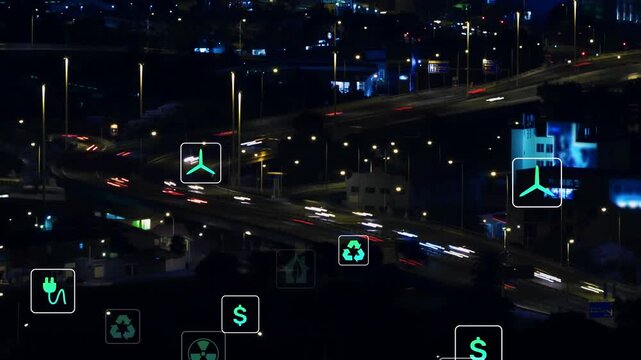 A digital interface with power and energy icons on a dark background