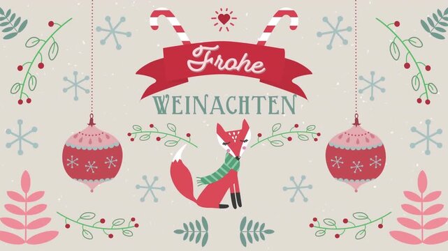 Animation of frohe weihnachten text banner with fox icon and floral pattern on pink background