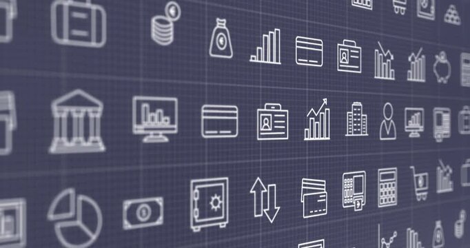 Animation of business icons and data processing over grey background