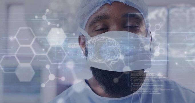 Animation of data processing with molecules and brains over african american male surgeon