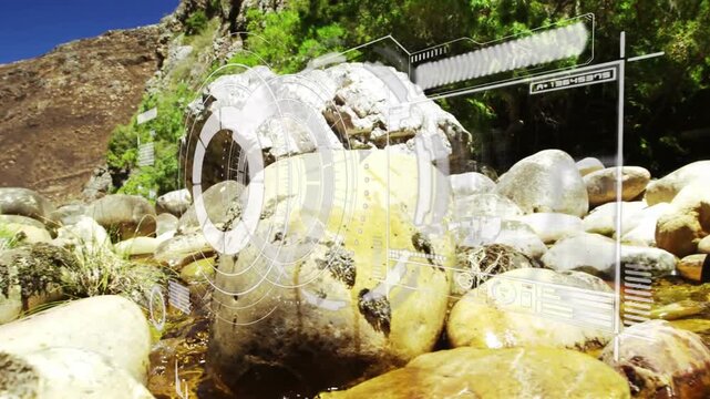 AR software scanning mountain stream boulder, with holographic HUD graphics overlaying schematics