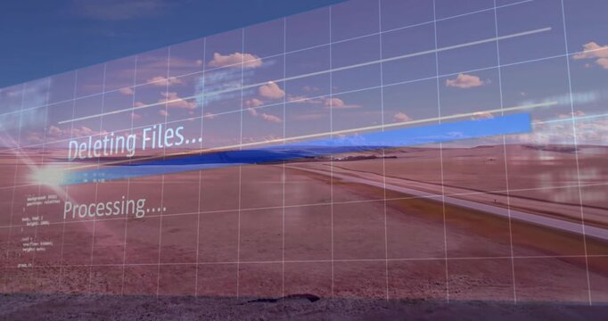Deleting files and processing text animation over desert landscape with grid overlay