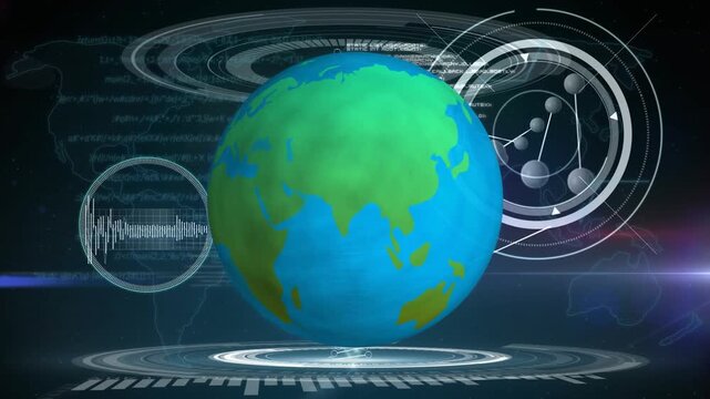 Animation of molecules, scientific data and globe on black background