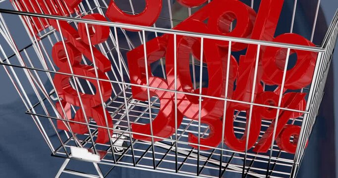 Animation of shopping card with discount percent over caucasian man using tablet