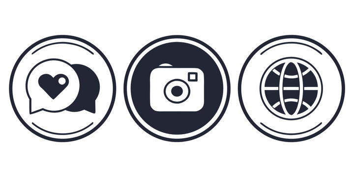 A set of three social media icons featuring a heart, camera, and globe in a minimalist design