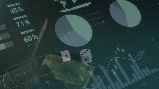 Animation of data processing over banknotes and dices
