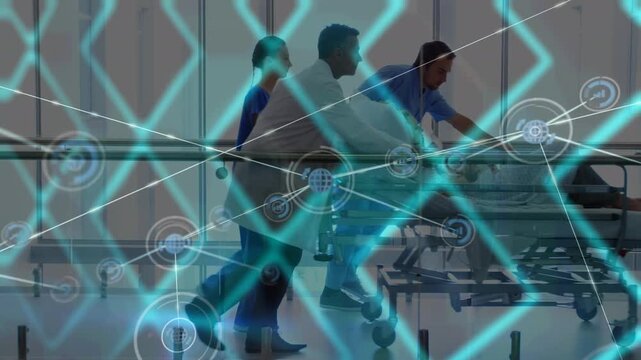 Network of digital icons against team of health workers rushing a patient in operation theatre